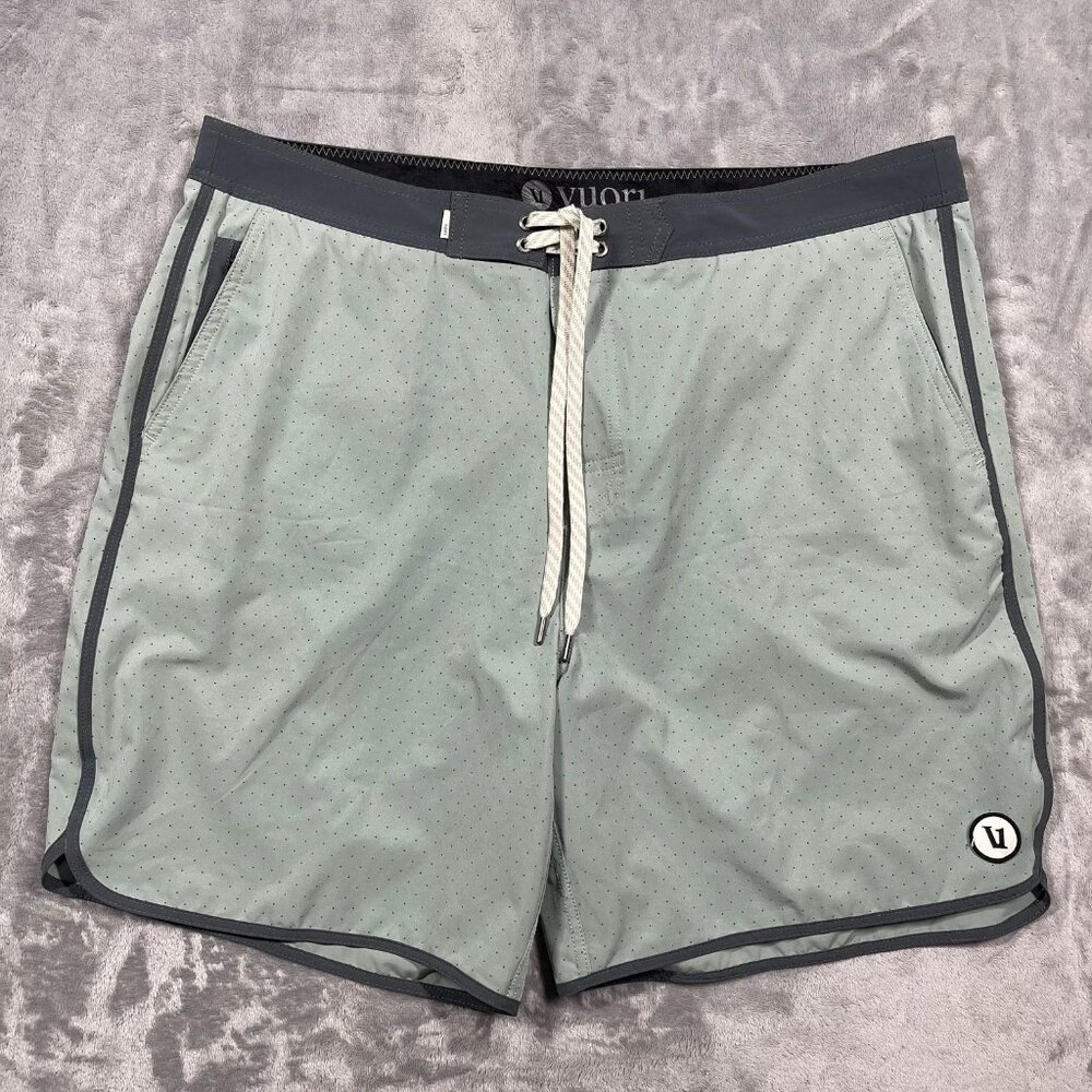 Vuori Men's Light Sage Green Swim Board Shorts with Dark Trim